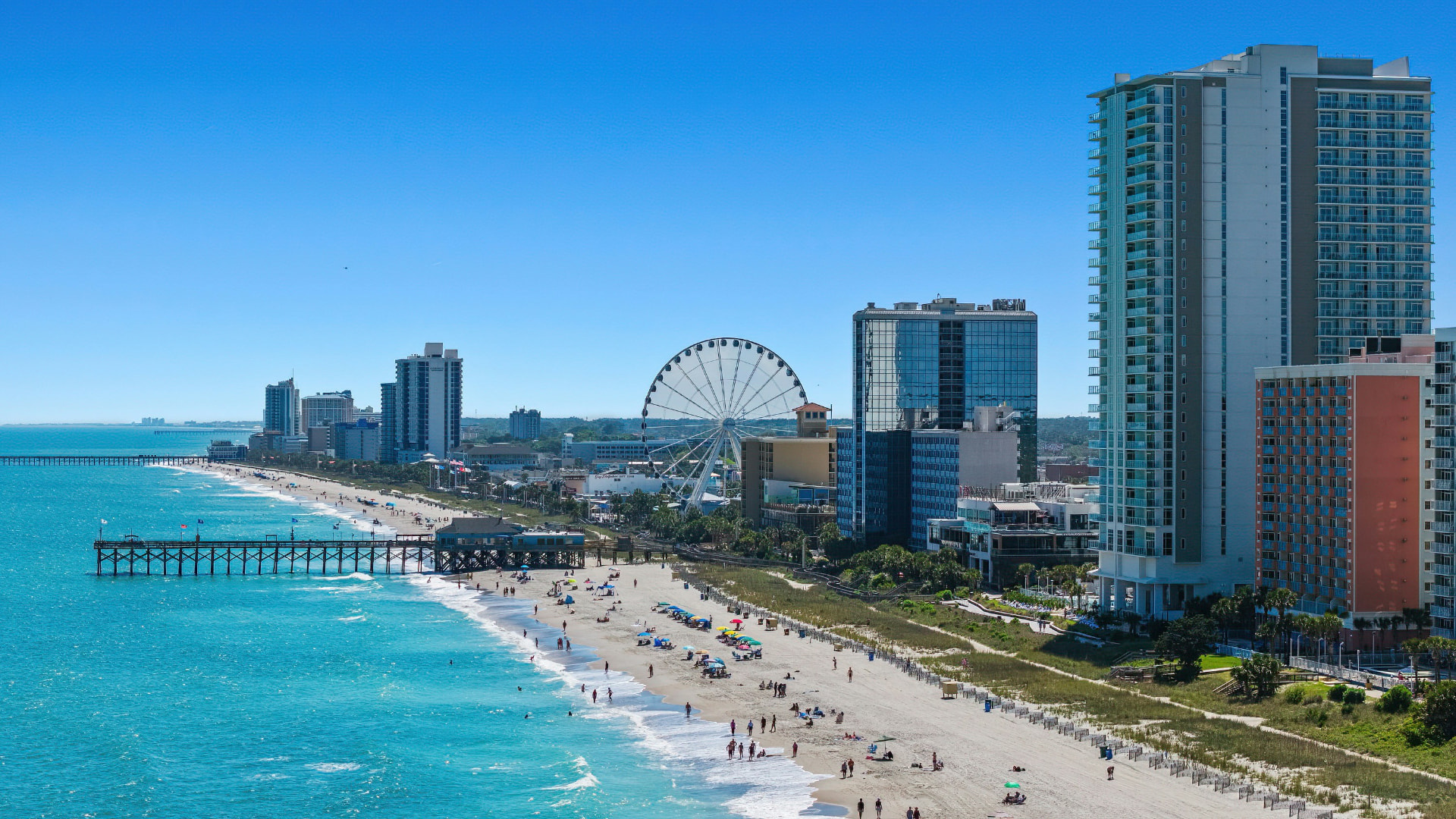 Myrtle Beach skyline with oceanfront towers and the SkyWheel